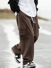 Hearujoy Brown vintage men's corduroy trousers with flap pockets and lacing